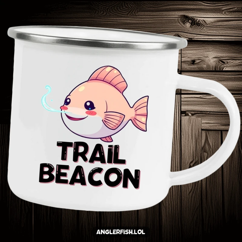 Funny Kawaii anglerfish camping mug featuring a happy anglerfish with its bioluminescent lure shining, durable for adventures.