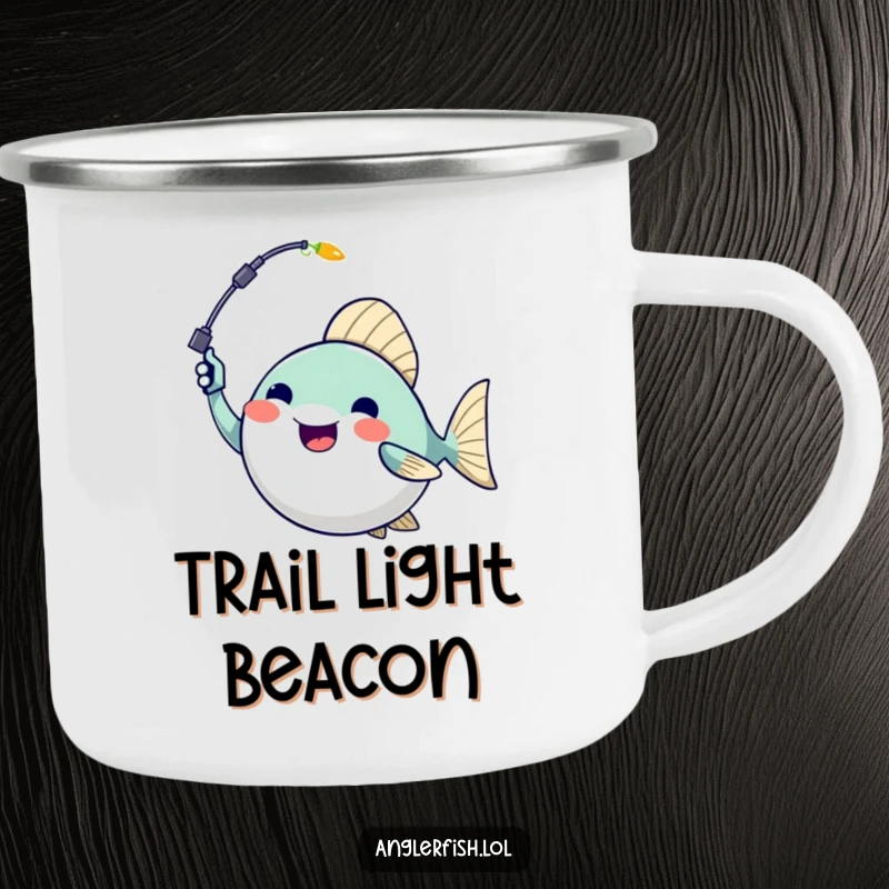 Funny anglerfish camping mug of an anglerfish enthusiastically waving its glowing lure, ideal for outdoor humor.