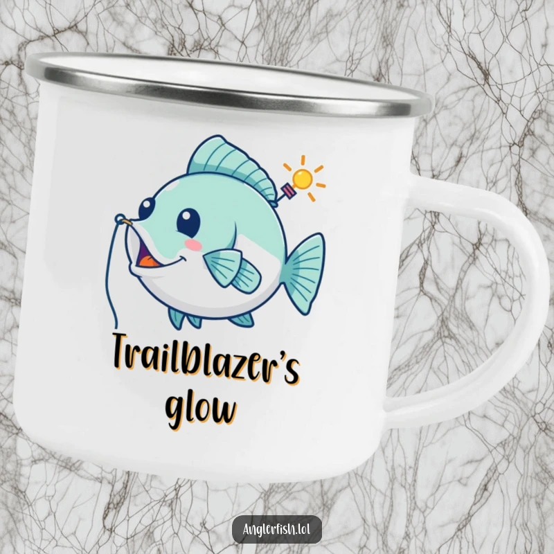 Funny camping mug showing a playful anglerfish using its lure as a whimsical guiding beacon, ideal for campers.
