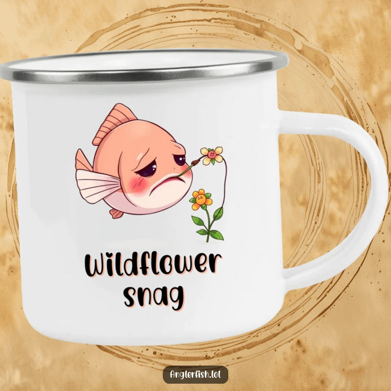 Funny camping mug showing a confused anglerfish with its lure tangled in a tiny flower, ideal for outdoor enthusiasts.