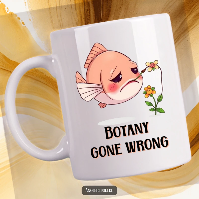 Funny mug showing a confused anglerfish with its lure tangled in a tiny flower, highlighting a humorous deep-sea mishap.
