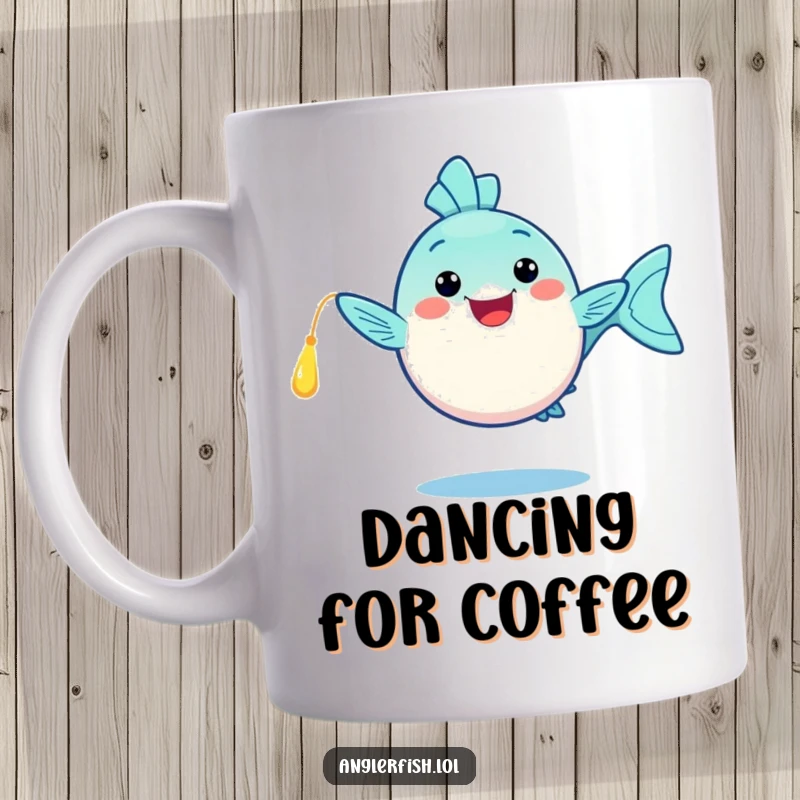 Funny kawaii anglerfish mug, doing a happy dance with its glowing lure, a joyful and funny gift for ocean lovers.