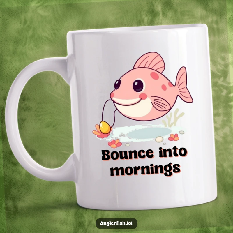 Funny anglerfish mug showing a happy creature joyfully bouncing along the seabed, its lure bobbing merrily, conveying pure delight.