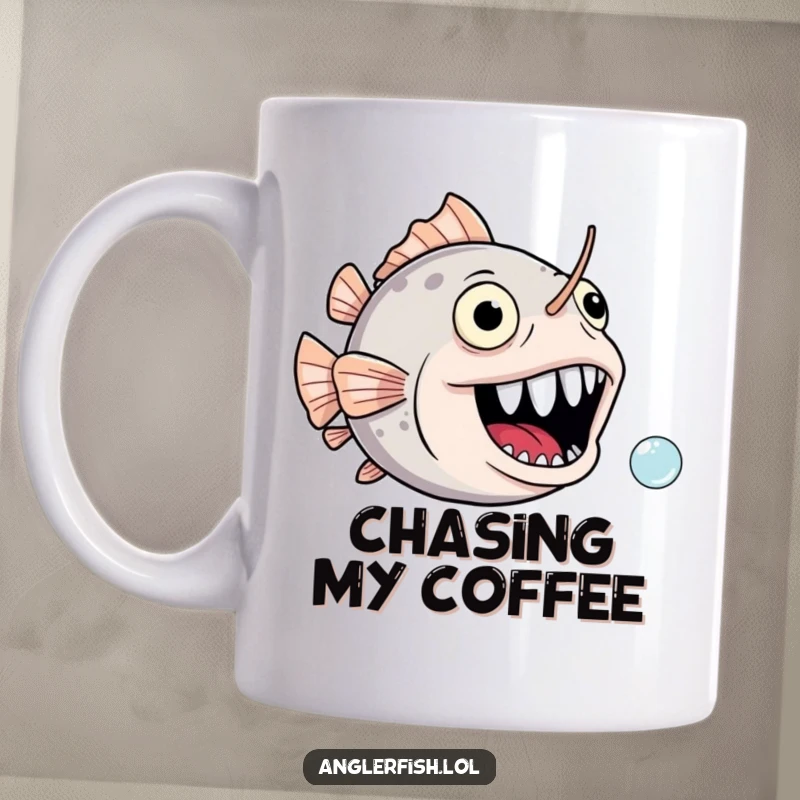 Funny anglerfish mug with a gaping, joyful mouth comically chasing a tiny bubble, full of lighthearted, humorous energy.