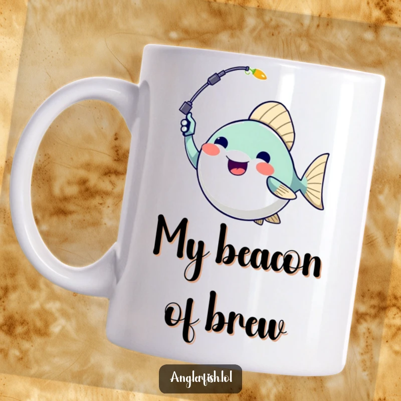 Funny anglerfish mug enthusiastically waving its glowing lure, embodying pure fishing joy and adventure.