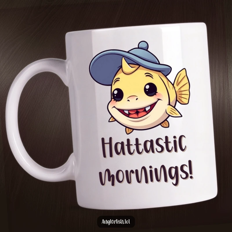 Funny anglerfish mug featuring a creature with a silly grin wearing a comically large, goofy hat, embodying pure amusement.