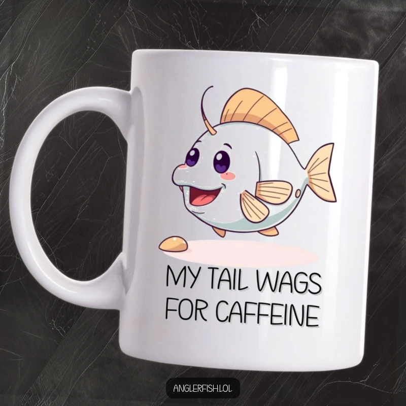 Funny cute anglerfish mug, wiggling its tail with pure excitement, inviting you to play and share a laugh. Adorable and cheerful sea life humor.