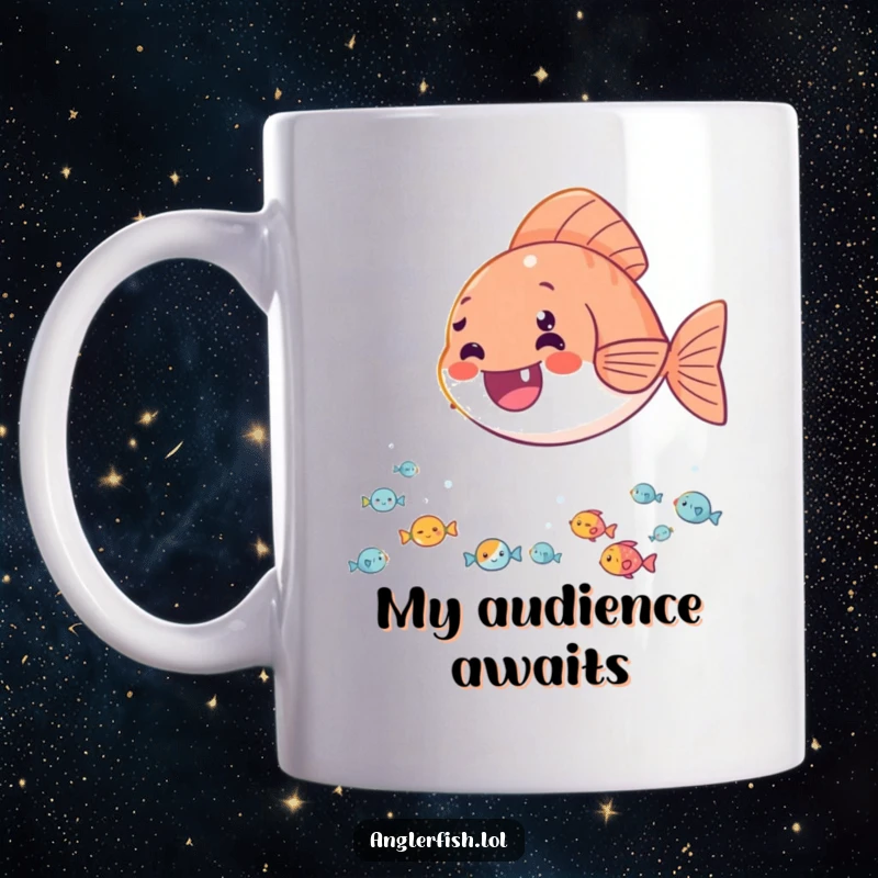 Funny mug showing a delighted anglerfish casting its light onto a happy audience of tiny fish, spreading joy in the deep sea.