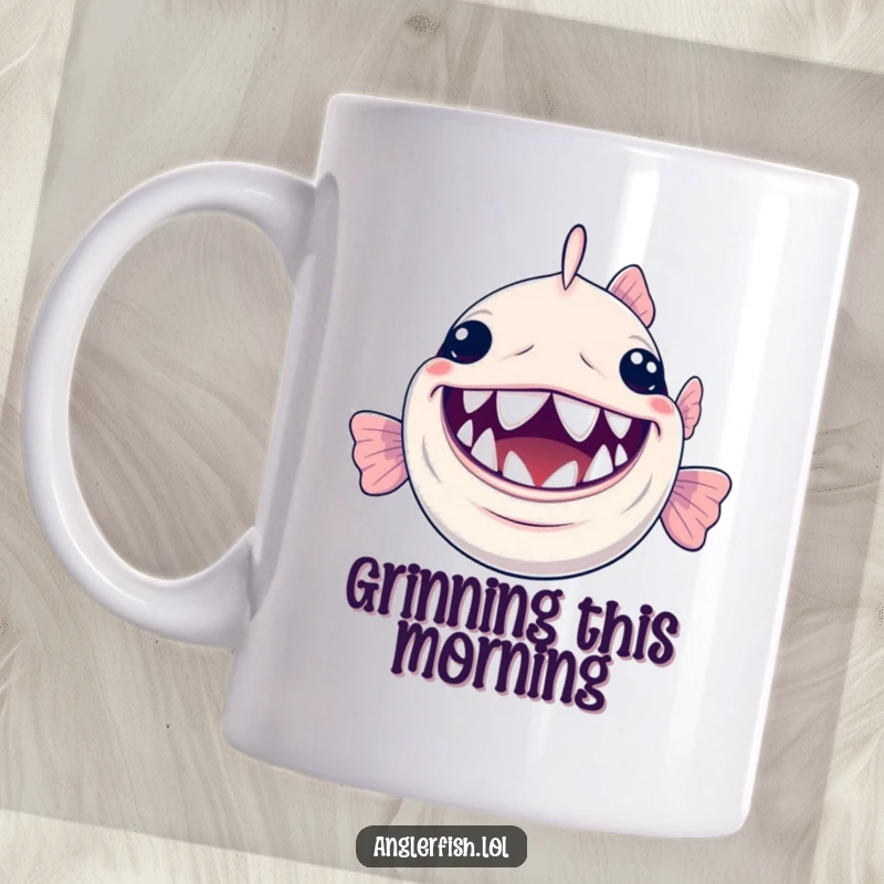 Funny Anglerfish Mug: A smiling anglerfish with a huge grin and tiny, shiny teeth, radiating cheerful deep-sea vibes.