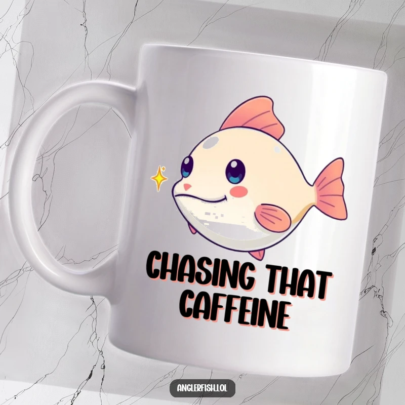 Funny kawaii anglerfish mug, playfully chasing a tiny shimmering spark, a delightful and funny gift for ocean lovers.