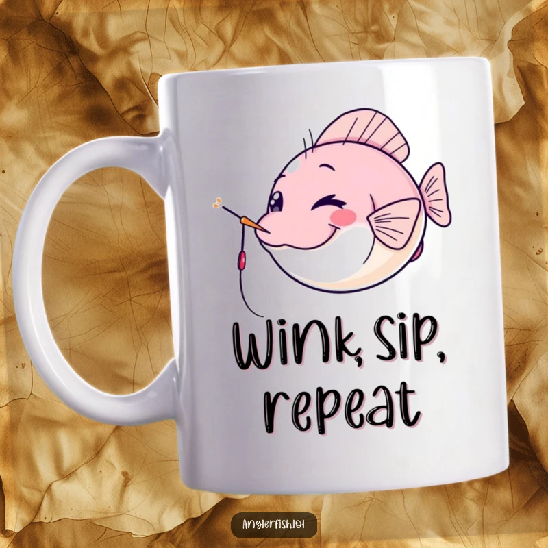 Funny kawaii anglerfish mug, winking cheekily with its lure as a spotlight, a playful and funny gift for ocean lovers.