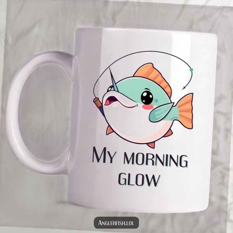 Funny Kawaii Anglerfish Mug: Cute deep-sea fish striking a heroic pose with its bioluminescent lure held triumphantly aloft.
