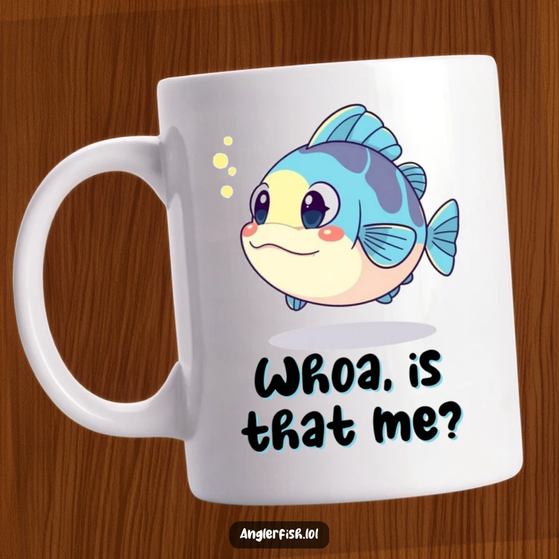 Funny kawaii anglerfish mug, shocked by its own glowing reflection, a perfect funny gift for ocean lovers.