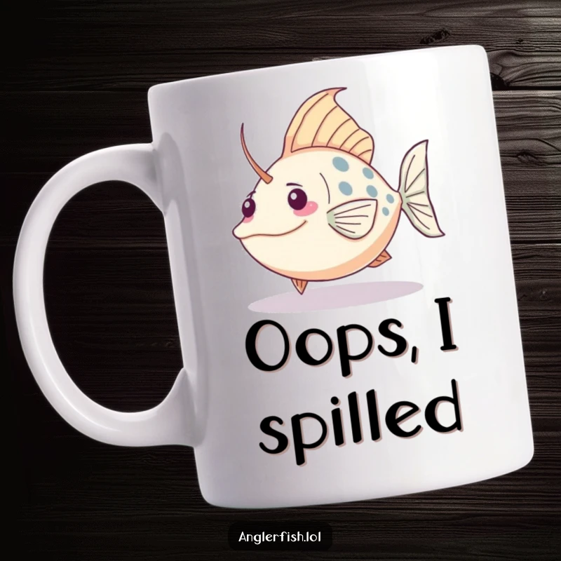 Funny Kawaii anglerfish mug showing a cute fish comically tripping over its own massive tail with a surprised look.