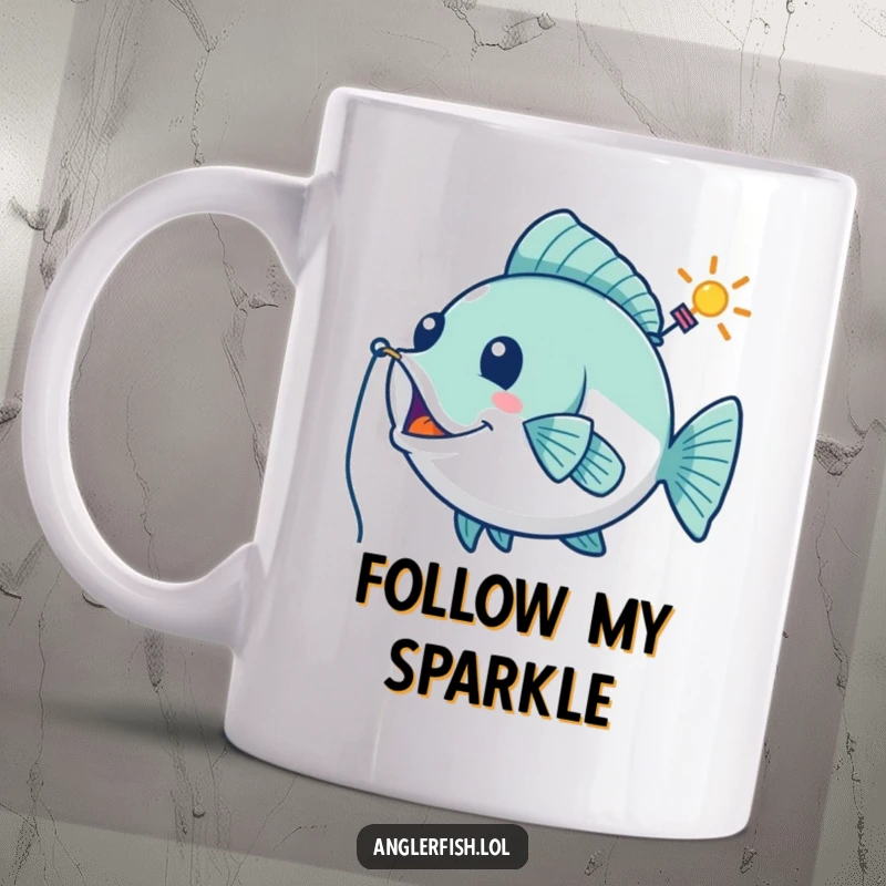 Funny mug of a playful anglerfish using its lure as a whimsical guiding beacon, leading the way with humor.