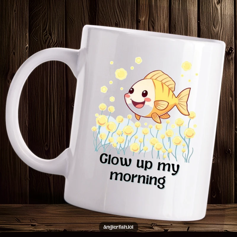 Funny Kawaii anglerfish mug showing a cute anglerfish joyfully swimming amidst a vibrant field of glowing plankton.