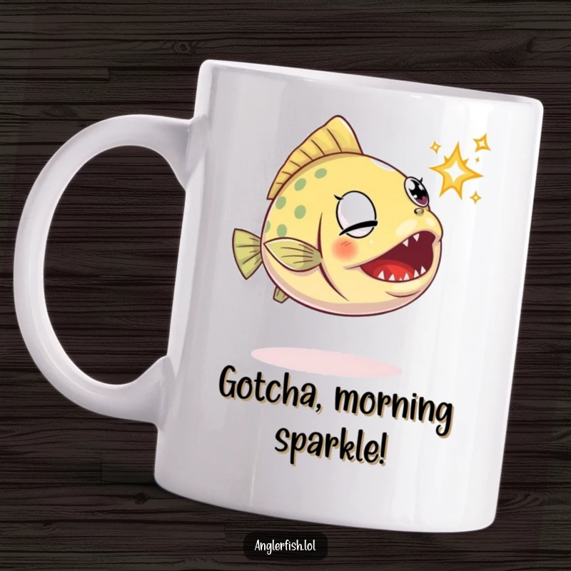 Funny anglerfish mug shows a determined anglerfish lunging with open jaws towards a small, fleeting sparkle.