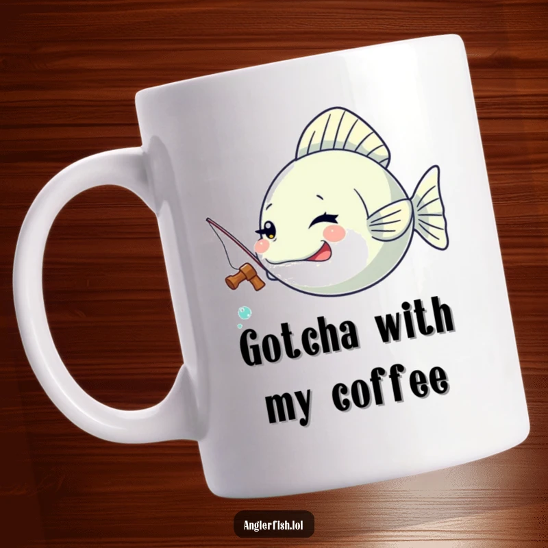 Funny Kawaii anglerfish mug featuring a cute anglerfish winking playfully while holding a tiny fishing rod.