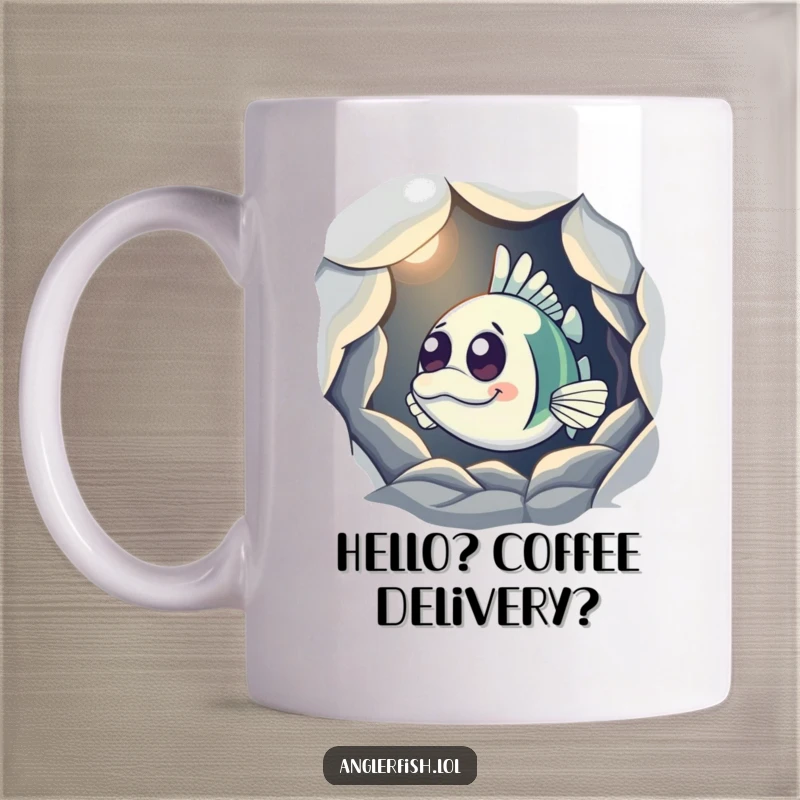 Funny Anglerfish Mug featuring a curious anglerfish peeking from a shadowy cave, its light on, adding a touch of intrigue.