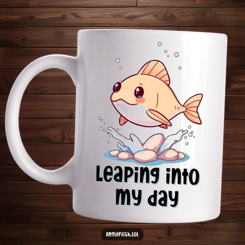 Funny Kawaii Anglerfish Mug: A cute, cartoon-style anglerfish joyfully leaping out of the water, creating a playful splash.