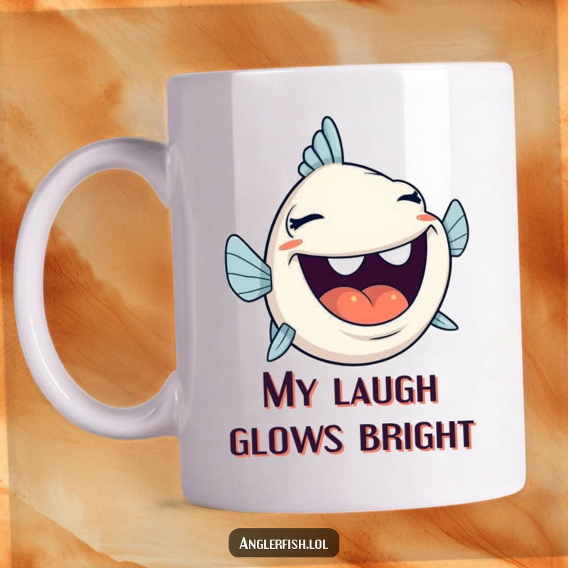 Funny anglerfish character with its mouth wide open, captured mid-laugh, on a mug, perfect for humor.