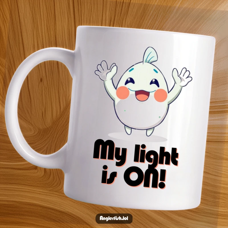 Funny Anglerfish Mug: A cheerful anglerfish character excitedly waving both hands in the air with a big, goofy grin, perfect for a laugh.