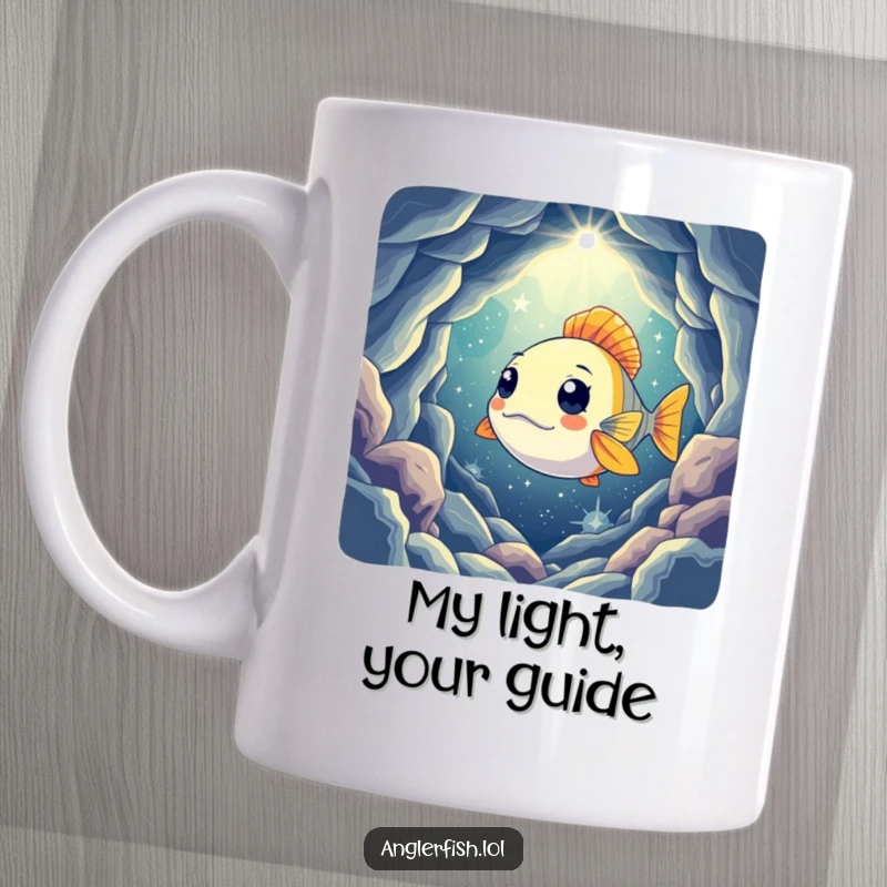 Funny mug featuring a curious anglerfish shining its light into a mysterious, star-filled cavern, illuminating the deep sea wonder.