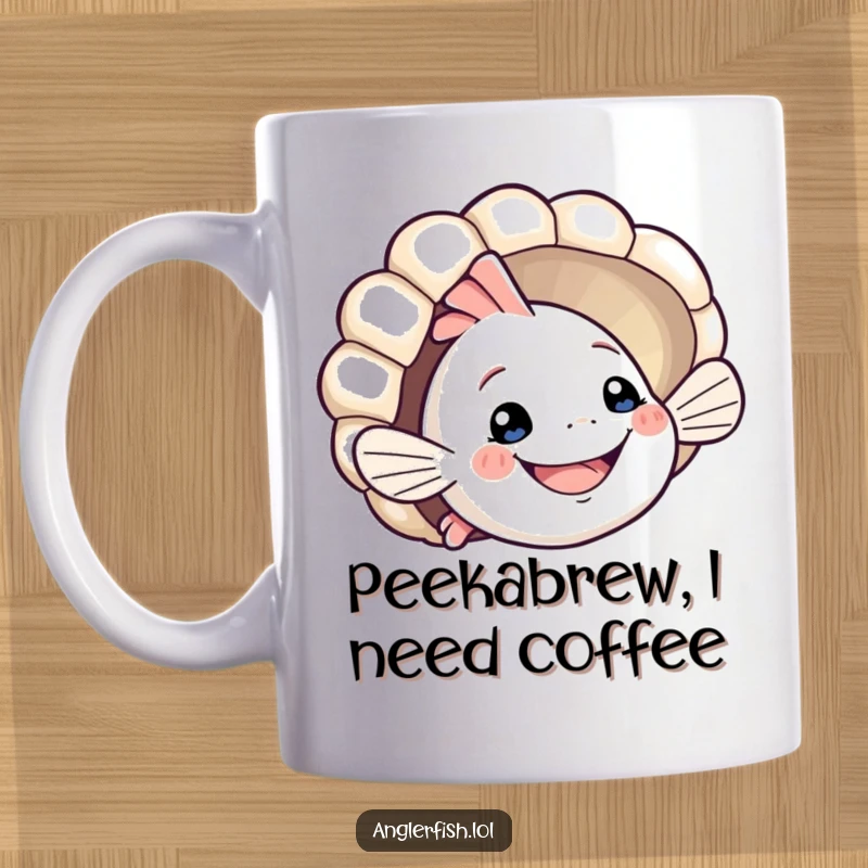 Funny anglerfish mug with a smiling creature playfully peeking from behind a seashell. Adorable and humorous ocean-themed gift for sea life lovers.