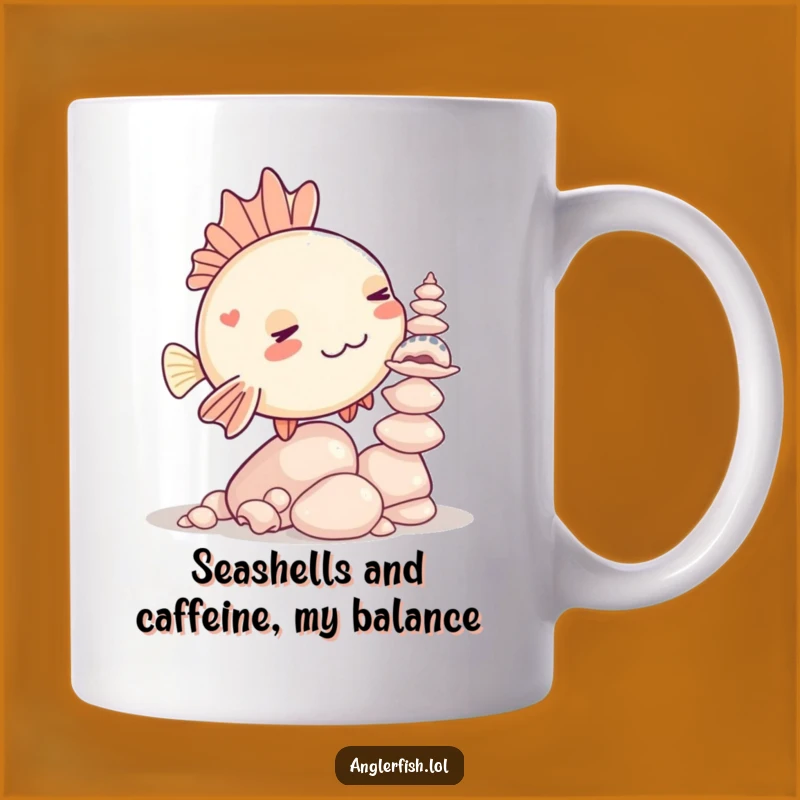 Funny Kawaii Anglerfish Balancing Seashells Mug, Hilarious Ocean Creature Gift