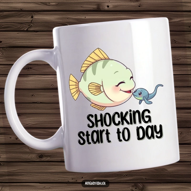 Funny anglerfish mug shows a playful anglerfish gently nudging a small electric eel with its fin.