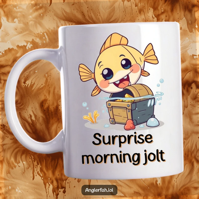 Funny anglerfish mug showing a clumsy anglerfish tripping over a sunken treasure chest in surprise.