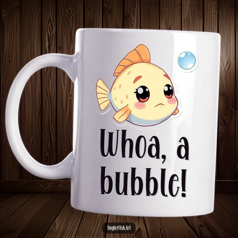 Funny Kawaii Anglerfish Mug: Adorable deep-sea creature looking up in utter amazement at a single, floating bubble.