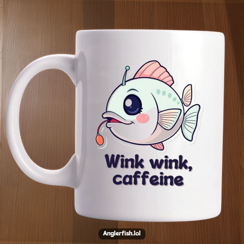 Funny anglerfish mug with a playful wink and a flickering lure, showing excitement and a humorous, cheeky personality.