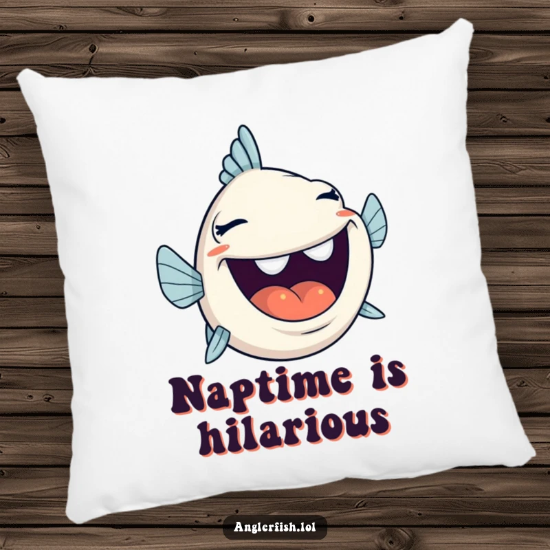 Funny anglerfish laughing heartily, mouth wide open, featured on a soft pillow for ultimate comfort.