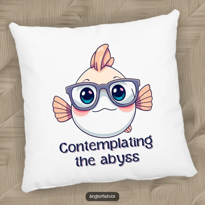 Funny anglerfish with thick glasses, looking thoughtful and cozy, featured on a soft pillow for comfort.