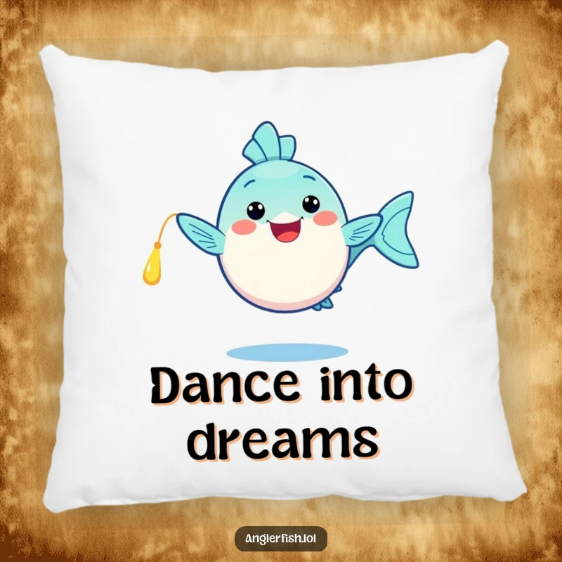 Funny kawaii anglerfish pillow, doing a happy dance with its glowing lure, a soft and funny gift for relaxation.