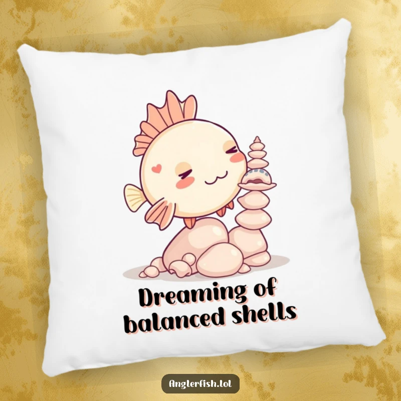 Funny Kawaii anglerfish pillow showing a cute anglerfish humorously trying to balance a pile of seashells.