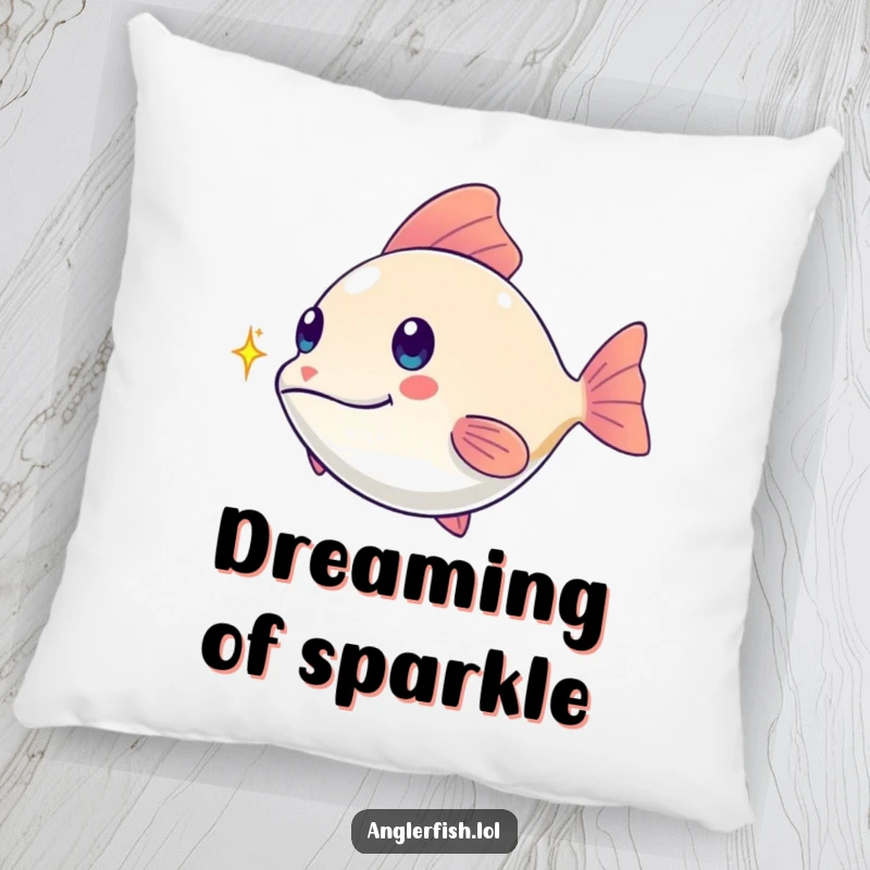 Funny kawaii anglerfish pillow, playfully chasing a tiny shimmering spark, a soft and funny gift for relaxation.