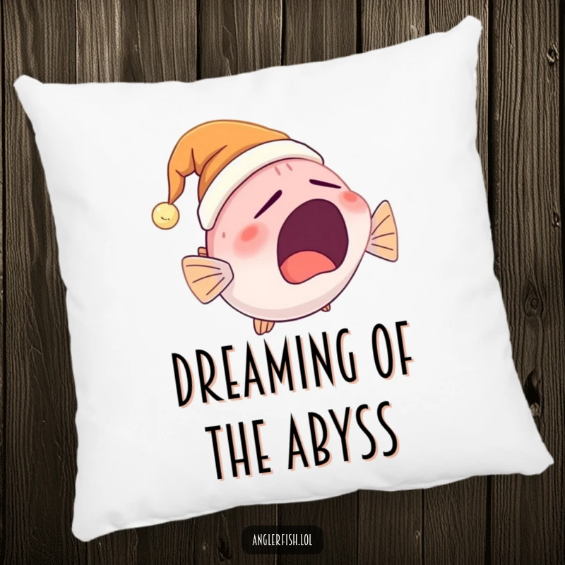 Funny Anglerfish Pillow showcasing a cute anglerfish with a glowing nightcap, captured in a wide yawn for ultimate comfort and humor.