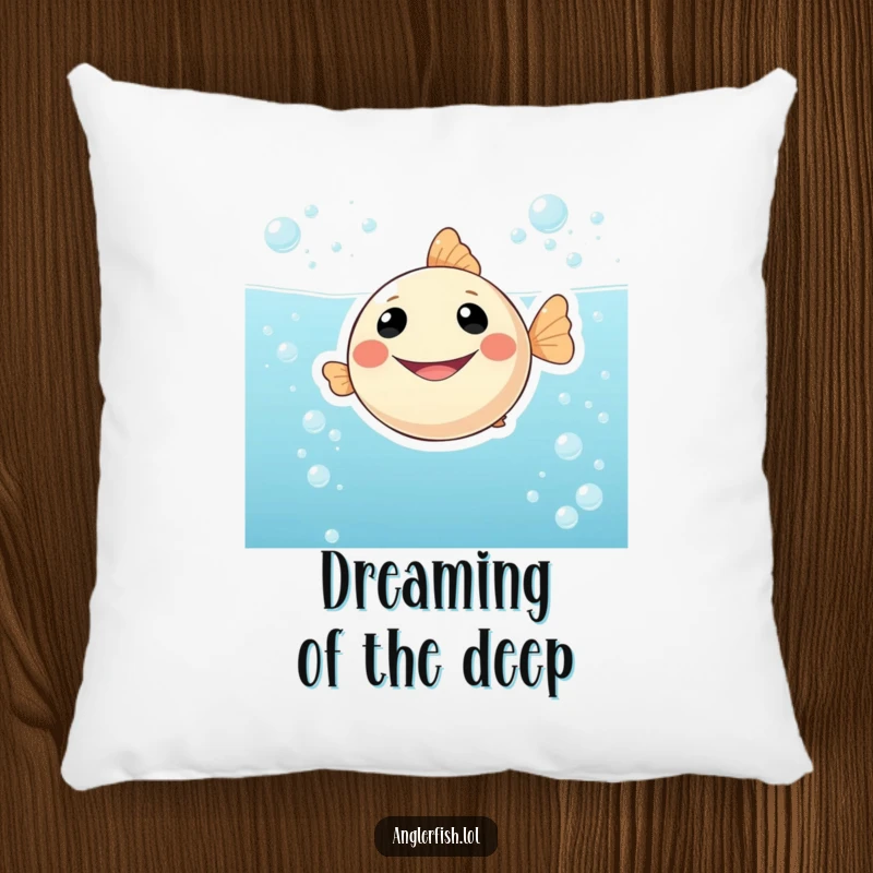 Funny decorative pillow with a plump, smiling anglerfish character floating contentedly in bubbly, effervescent water, designed for ultimate comfort and cheer.