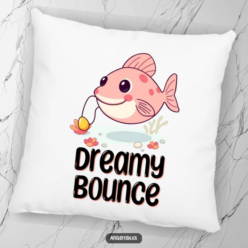Funny anglerfish pillow featuring a happy creature bouncing on the seabed, its lure bobbing, providing comfort and a humorous touch.