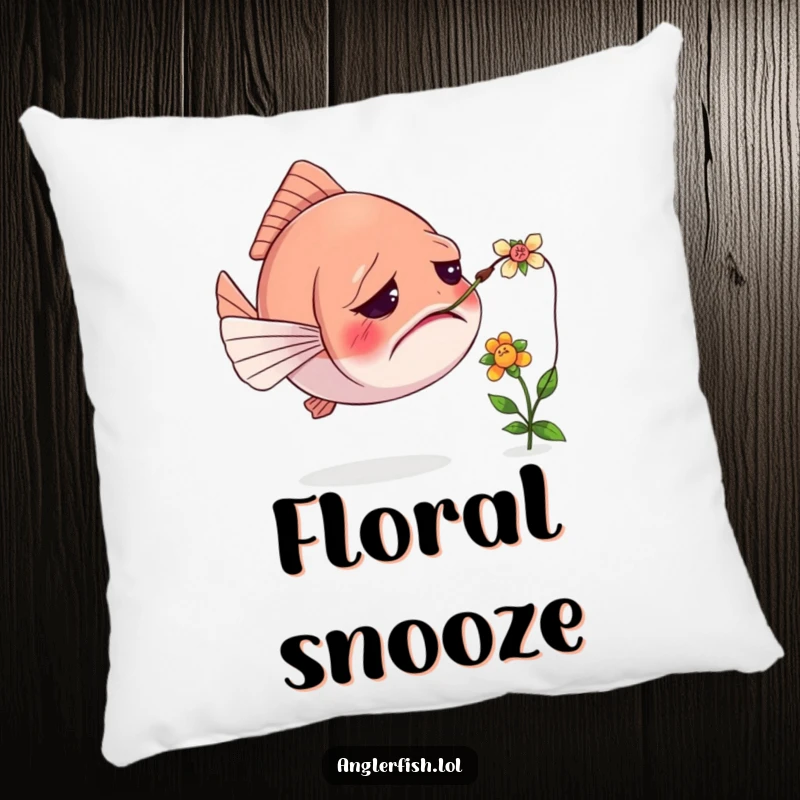 Funny pillow showing a confused anglerfish with its lure tangled in a tiny flower, offering soft comfort and humor.