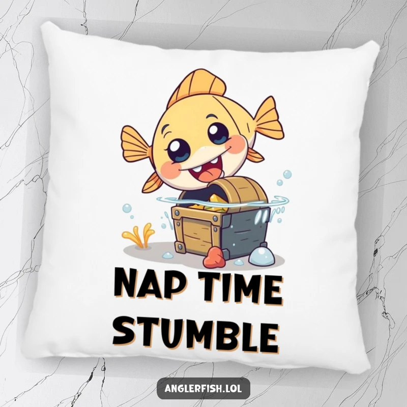 Funny anglerfish pillow showing a surprised anglerfish tripping over a treasure chest, offering cozy humor.