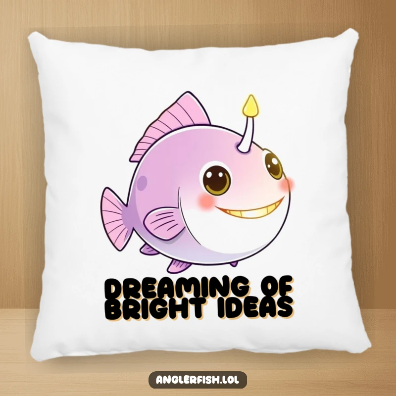 Funny anglerfish pillow featuring a glowing bioluminescent lure, like a friendly beacon, offering plush comfort and humor.