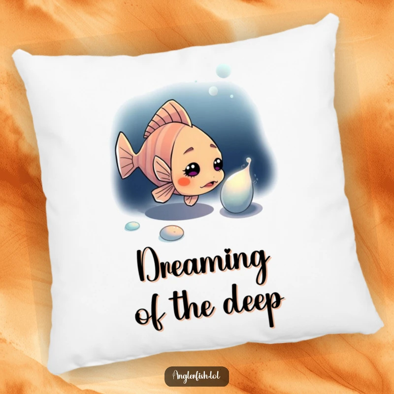 Funny anglerfish pillow showing a curious anglerfish intently investigating a glowing, unknown object in the deep dark sea.