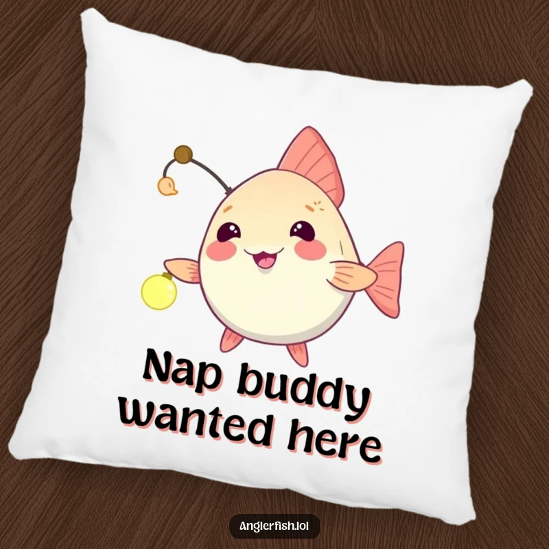 Funny anglerfish pillow with a light dangled playfully, humorously beckoning an unseen friend closer for a cozy snuggle.