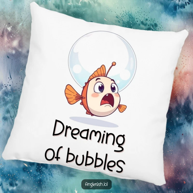Funny anglerfish pillow showing a surprised anglerfish encountering a giant, friendly bubble floating past it.