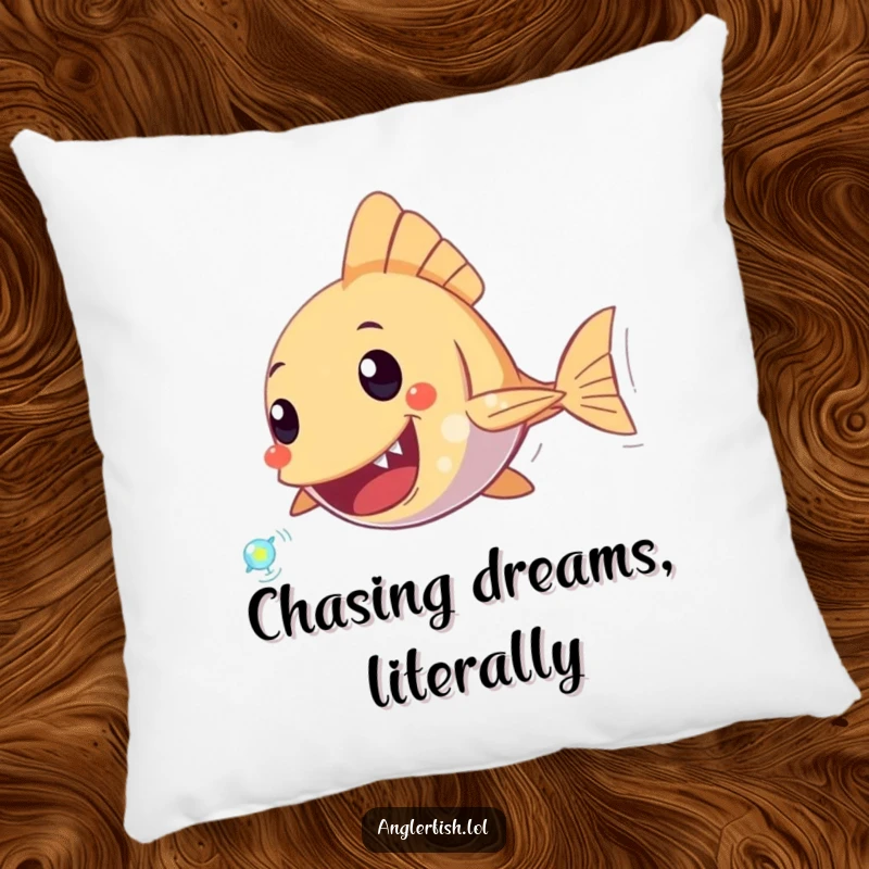 Funny Anglerfish Pillow depicting an excited anglerfish character chasing a tiny, sparkling plankton, perfect for adding comfort and humor.