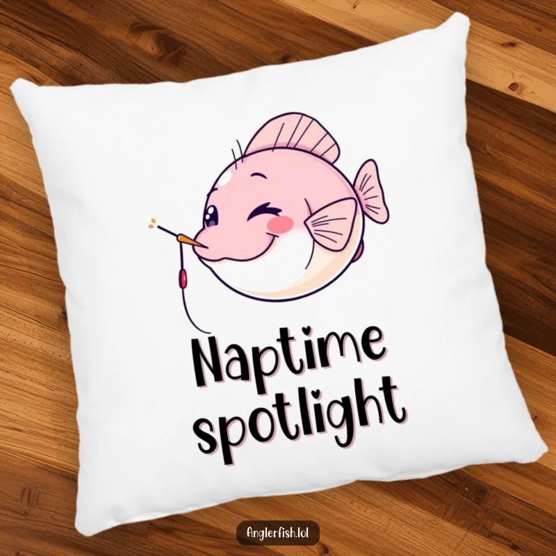 Funny kawaii anglerfish pillow, winking cheekily with its lure as a spotlight, a soft and funny gift for relaxation.