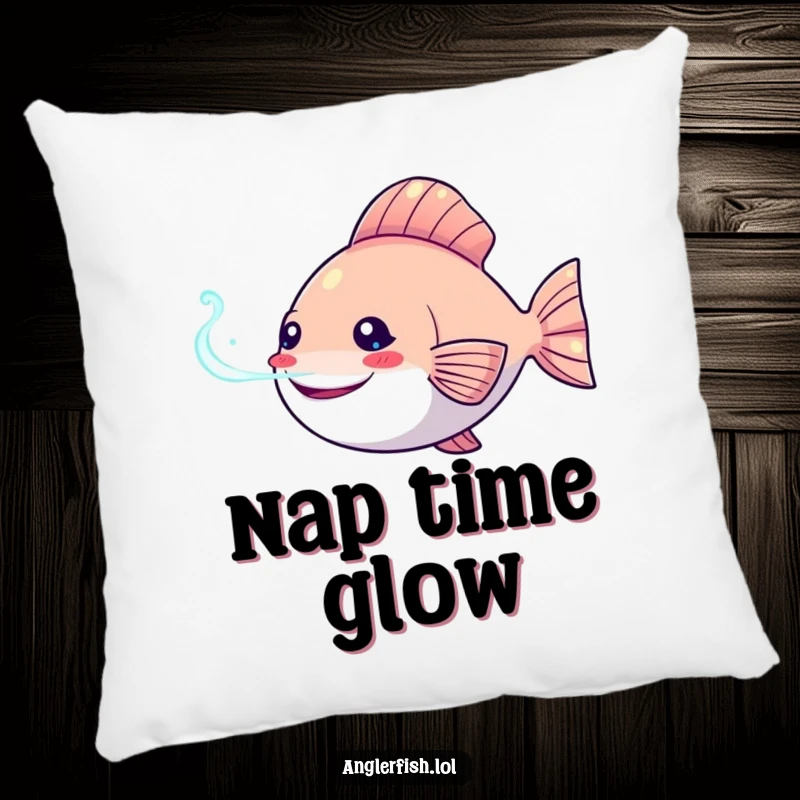 Funny Kawaii anglerfish pillow with a happy anglerfish and its bioluminescent lure shining, perfect for a cozy couch.